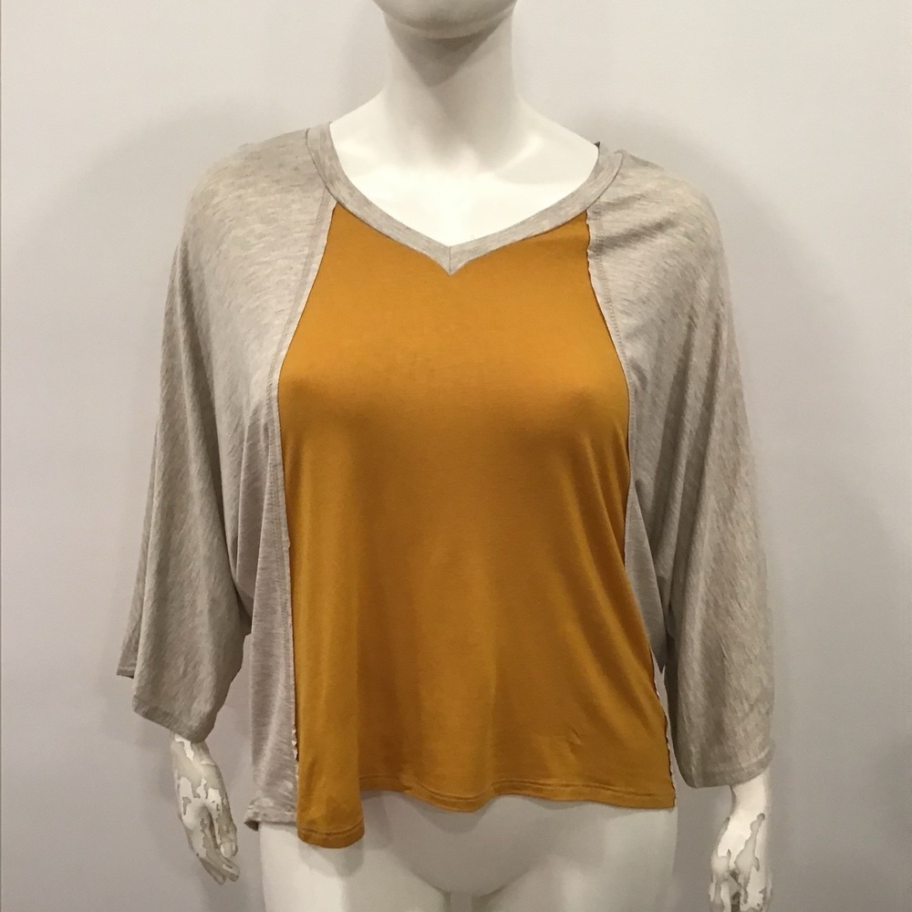 Promesa Top Women's Dolman Sleeve Blouse Mustard Yellow Beige Flowy Stretchy Med